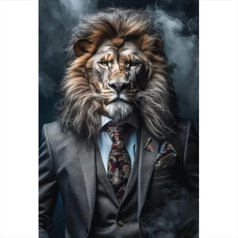 Aluminiumbild Edles Löwenporträt im eleganten Anzug Hochformat