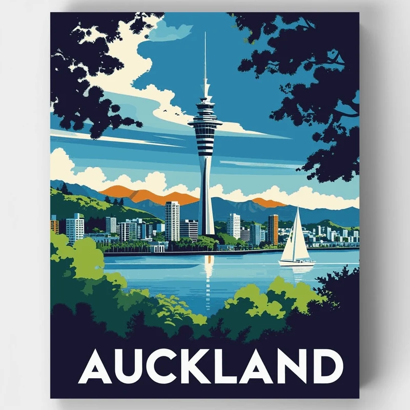 Auckland Sky Tower Harbour View with Sailboat - Paint by Numbers Kit