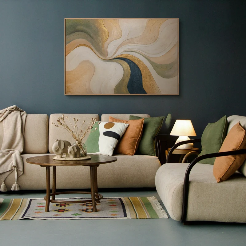 Modernes Acrylgemälde auf Leinwand „Echo des Windes“ in warmen Naturtönen mit Rahmen