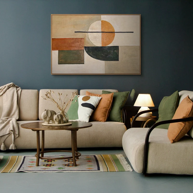 Geometrische Wandkunst auf Leinwand „Gleichgewicht“ in Naturfarben mit Rahmen