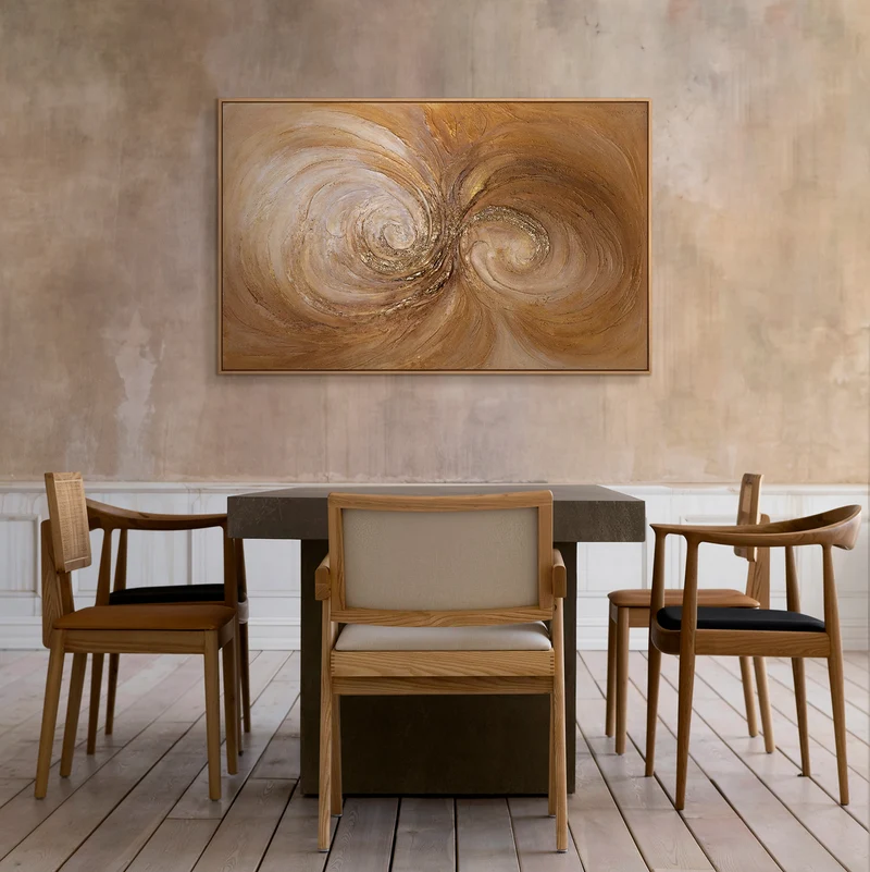 Abstraktes Acrylbild in Gold Braun – strukturierte Wandkunst mit Rahmen „Wirbelwind der Wärme“