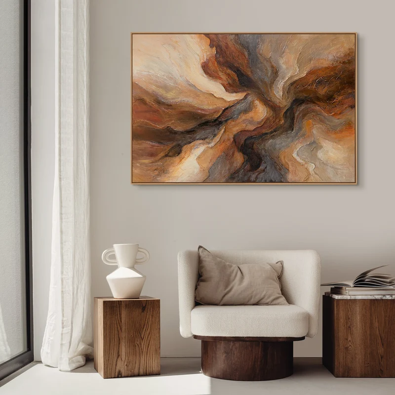 Modernes abstraktes Acrylbild in Braun Gold – Struktur Wandkunst mit Rahmen „Blitz der Ewigkeit“