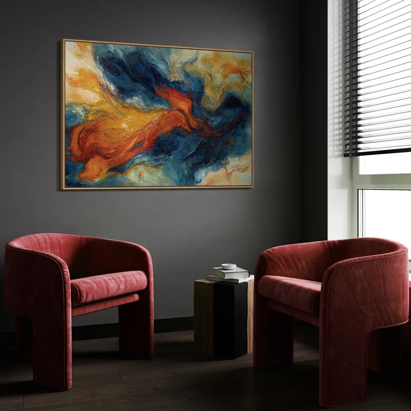 Expressives Acrylbild in Blau Rot – Abstrakte Wandkunst mit Rahmen „Verschmelzung der Energien“