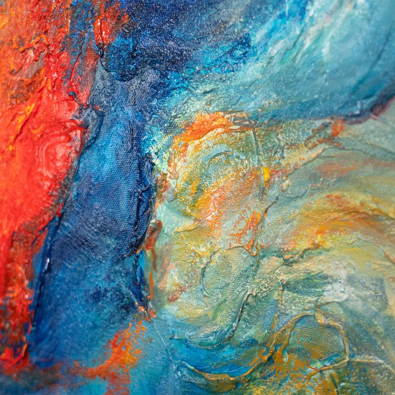 Expressives Acrylbild in Blau Rot – Abstrakte Wandkunst mit Rahmen „Verschmelzung der Energien“