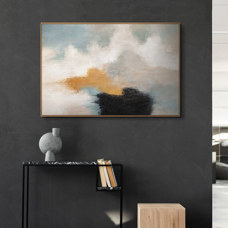 Abstraktes Gemälde mit Rahmen - Modernes Wandbild in Beige Blau Gold „Lichtübergänge“