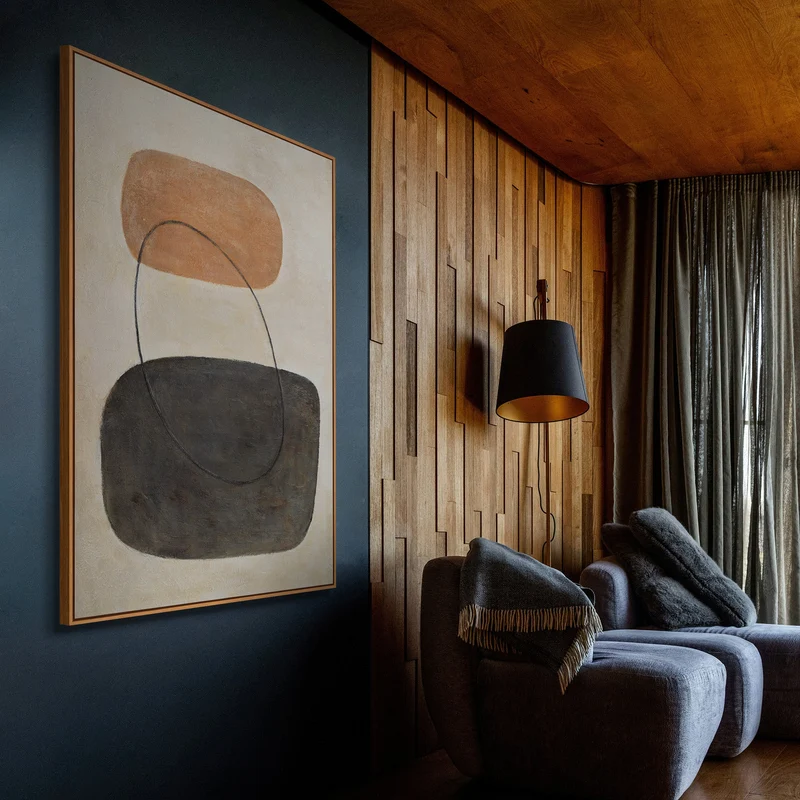 Modernes Gemälde Beige & Grau mit Rahmen – Abstrakte Kunst „Ausgewogenheit der Kontraste“