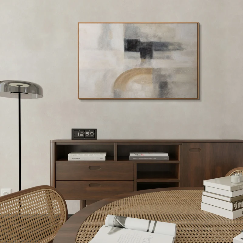 Abstraktes Gemälde Beige Grau mit Rahmen – Moderne Wandkunst „Geisterhaftes Licht“
