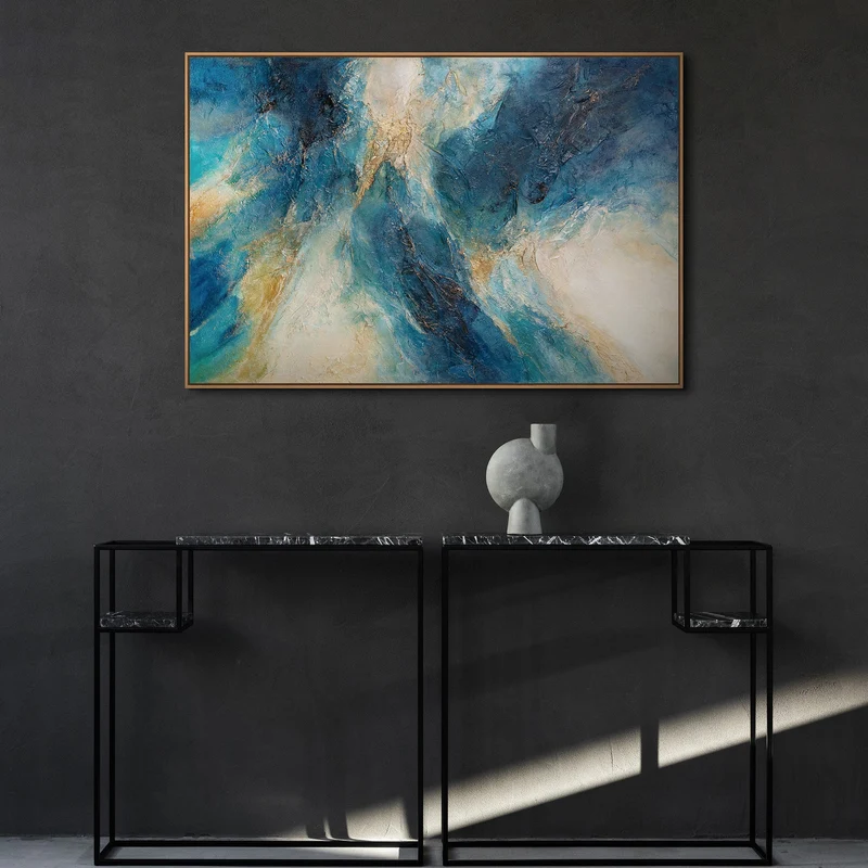 Handgemaltes Bild Ozeanfarben – Expressive Acrylkunst mit Rahmen „Glanz der Wellen“