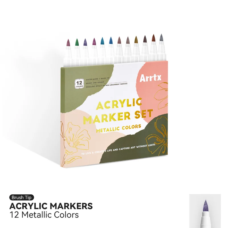 Arrtx 12 Metallic Colors Acrylic Paint Markers Brush Tip Paint Pens