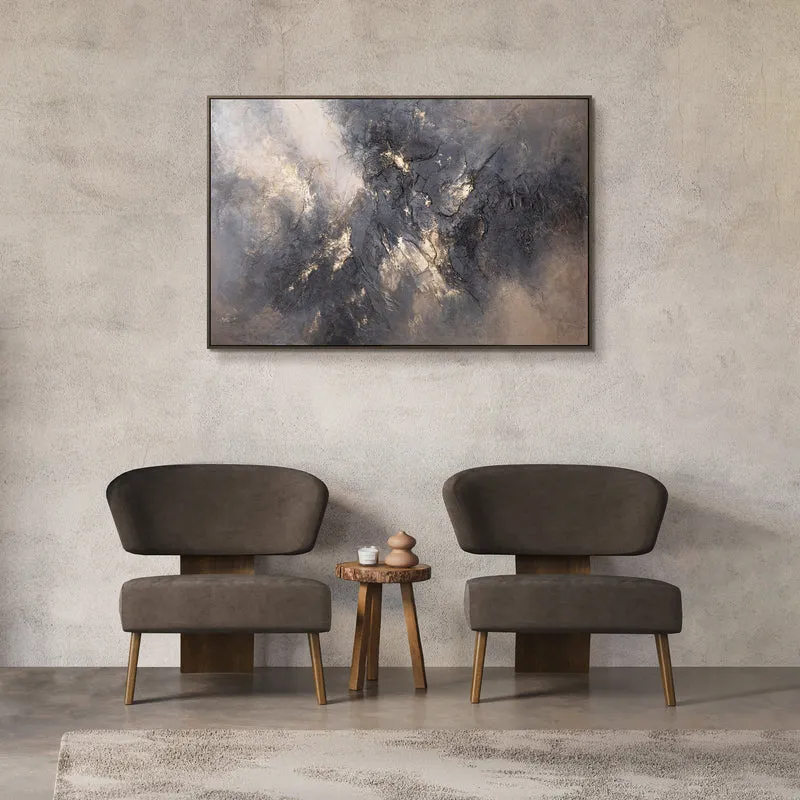 Modernes Acrylbild Grau Gold mit Rahmen – Abstrakte Wandkunst „Himmelsglühen“