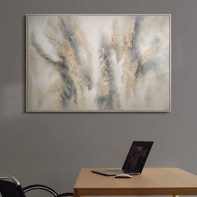 Abstraktes Gemälde Beige Grau – Struktur Leinwandbild mit Rahmen „Wolkenmelodie“