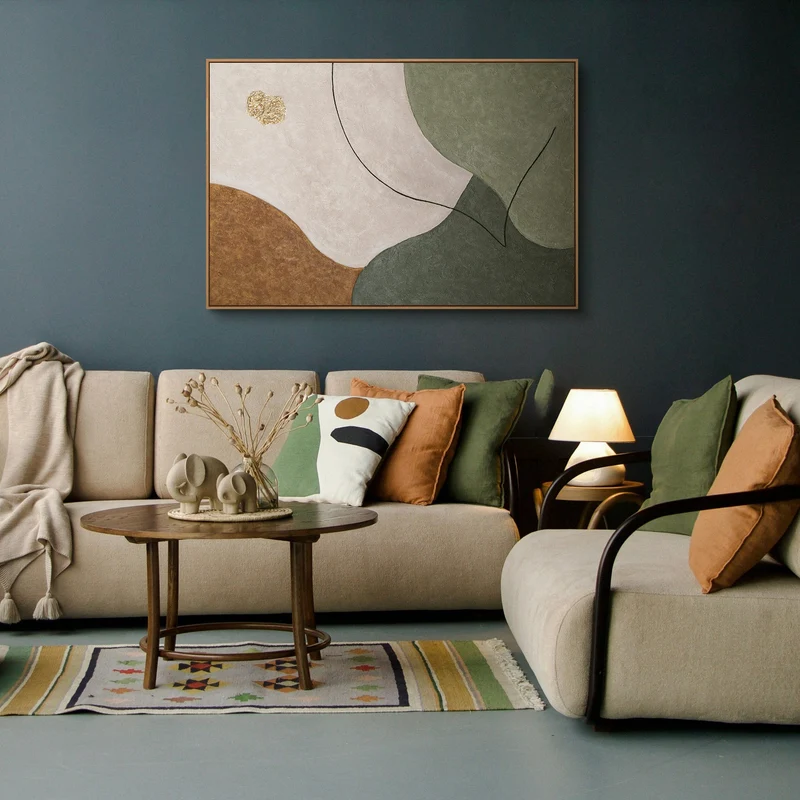 Handgemalte Acrylkunst – Modernes Wandgemälde in Grün & Beige „Das Flüstern der Täler“