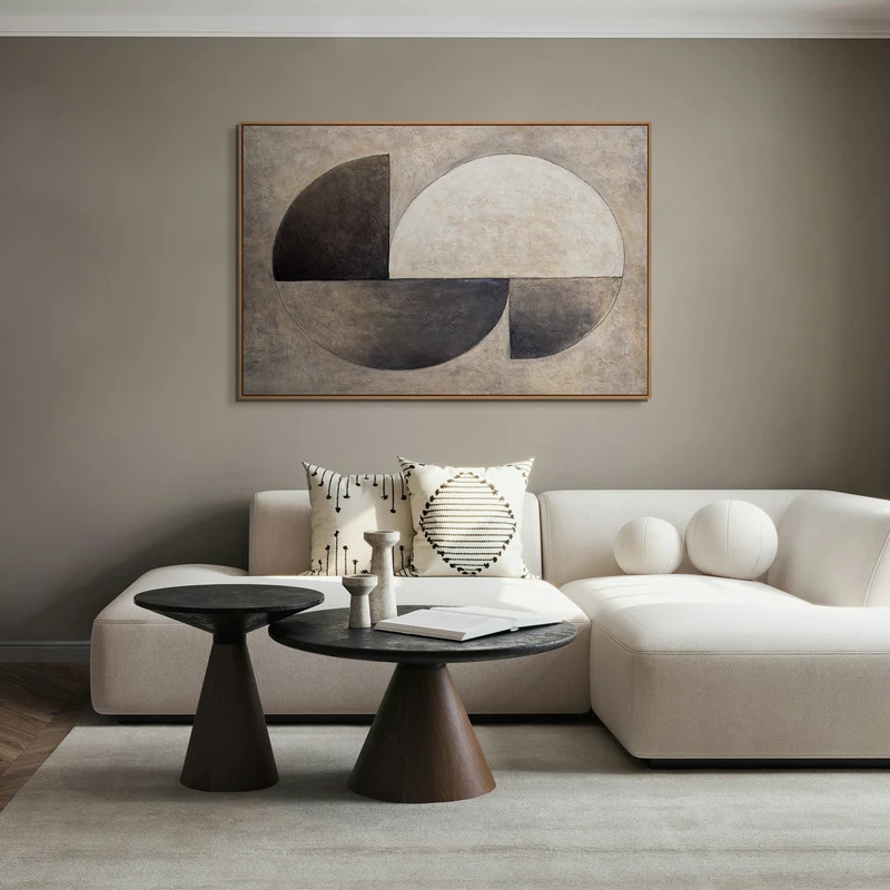 Handgemalte Gemälde mit Rahmen – Moderne Wanddeko Beige „Duett der Halbkreise“