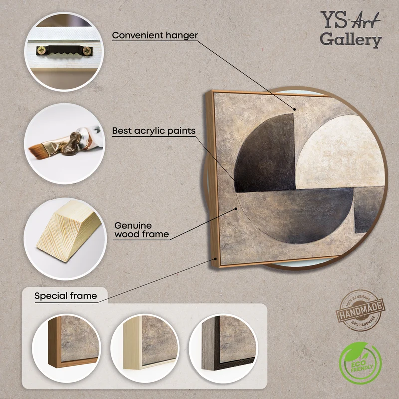 Handgemalte Gemälde mit Rahmen – Moderne Wanddeko Beige „Duett der Halbkreise“