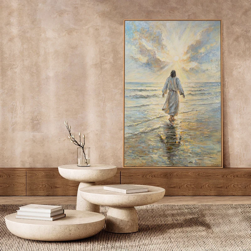 Handgemalte religiöses Bild „Weg zum Licht“ – Spirituelle Wandkunst mit Jesus am Meer