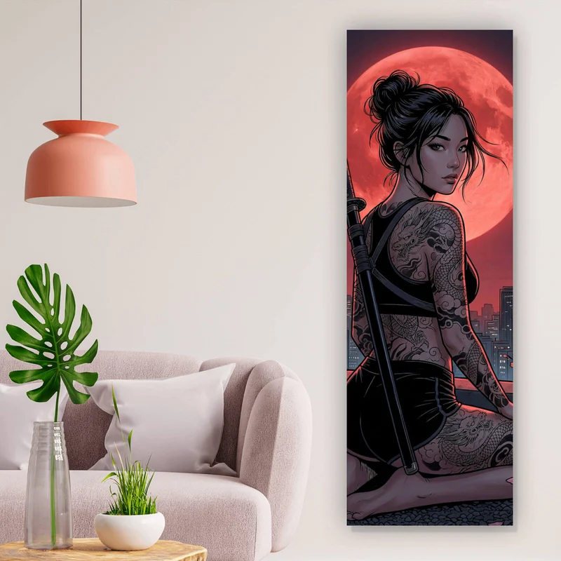 Aluminiumbild Samurai Frau bei Vollmond Panorama Hoch