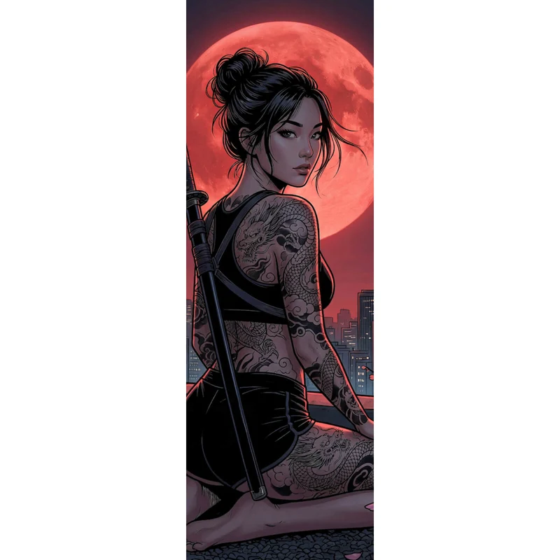 Leinwandbild Samurai Frau bei Vollmond Panorama Hoch