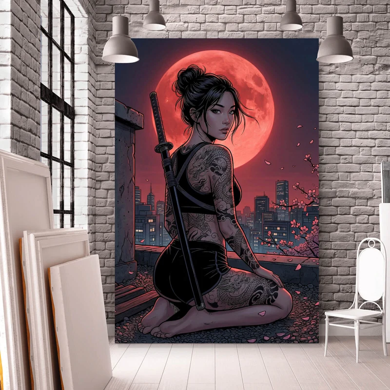 Acrylglasbild Samurai Frau bei Vollmond Hochformat