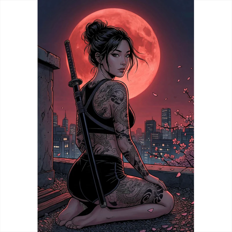 Poster Samurai Frau bei Vollmond Hochformat