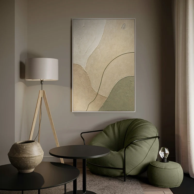 Abstraktes Acrylbild mit Rahmen „Sandweg“ – Moderne Wandkunst in Beige und Grün