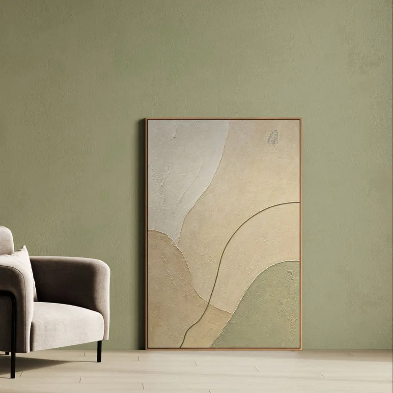 Abstraktes Acrylbild mit Rahmen „Sandweg“ – Moderne Wandkunst in Beige und Grün