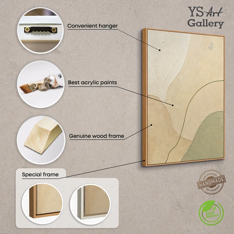 Abstraktes Acrylbild mit Rahmen „Sandweg“ – Moderne Wandkunst in Beige und Grün