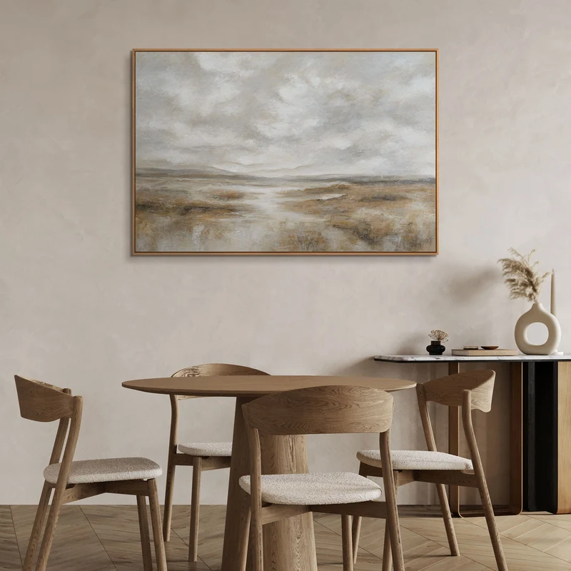 Leinwandbild mit Rahmen „Atem der Steppe“ – Handgemalte Landschaft in Naturtönen