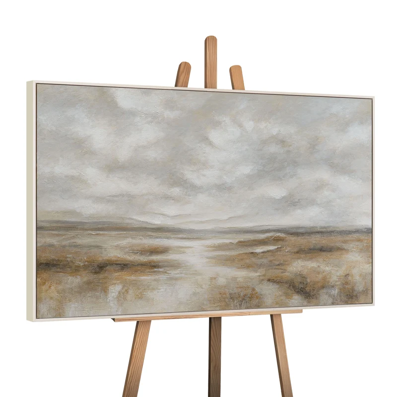 Leinwandbild mit Rahmen „Atem der Steppe“ – Handgemalte Landschaft in Naturtönen