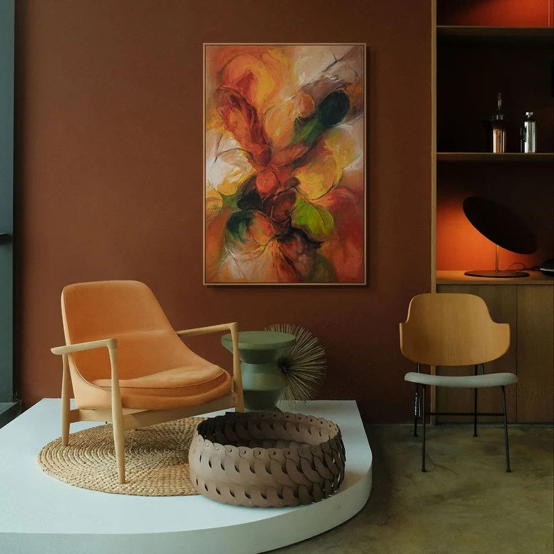 Handgemaltes Acrylbild mit Rahmen „Herbsttanz“ – Abstrakte Kunst in warmen Farbtönen