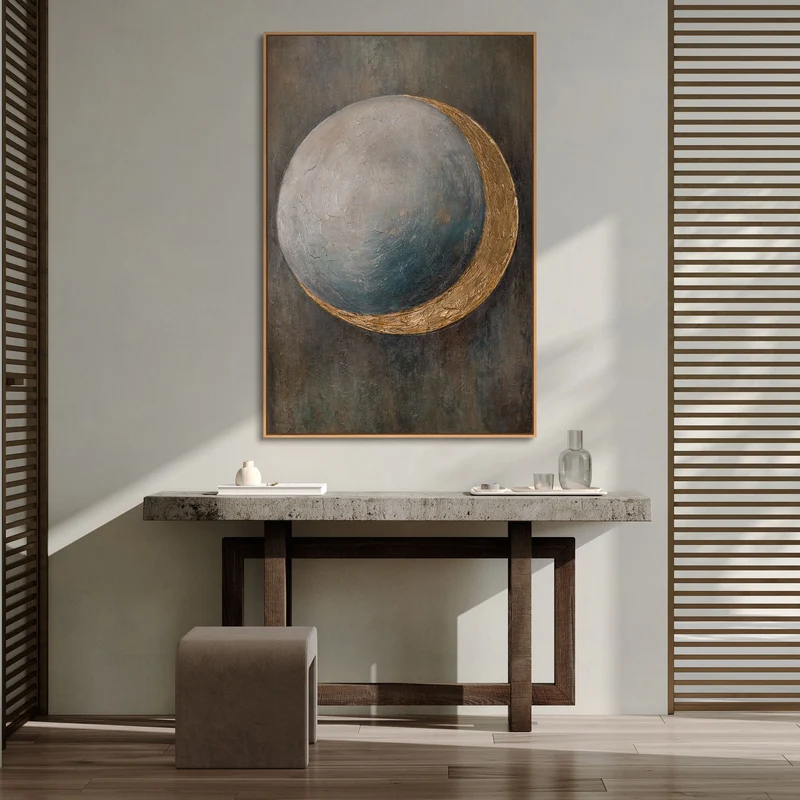 Handgemalte Wandkunst „Wärme des Universums“ – Moderne Acrylmalerei mit Goldakzenten