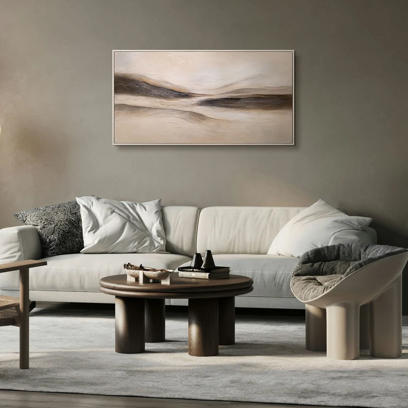 Gemälde auf Leinwand mit Rahmen „Spuren des Windes“ – Handgemalte Wandkunst in Naturtönen