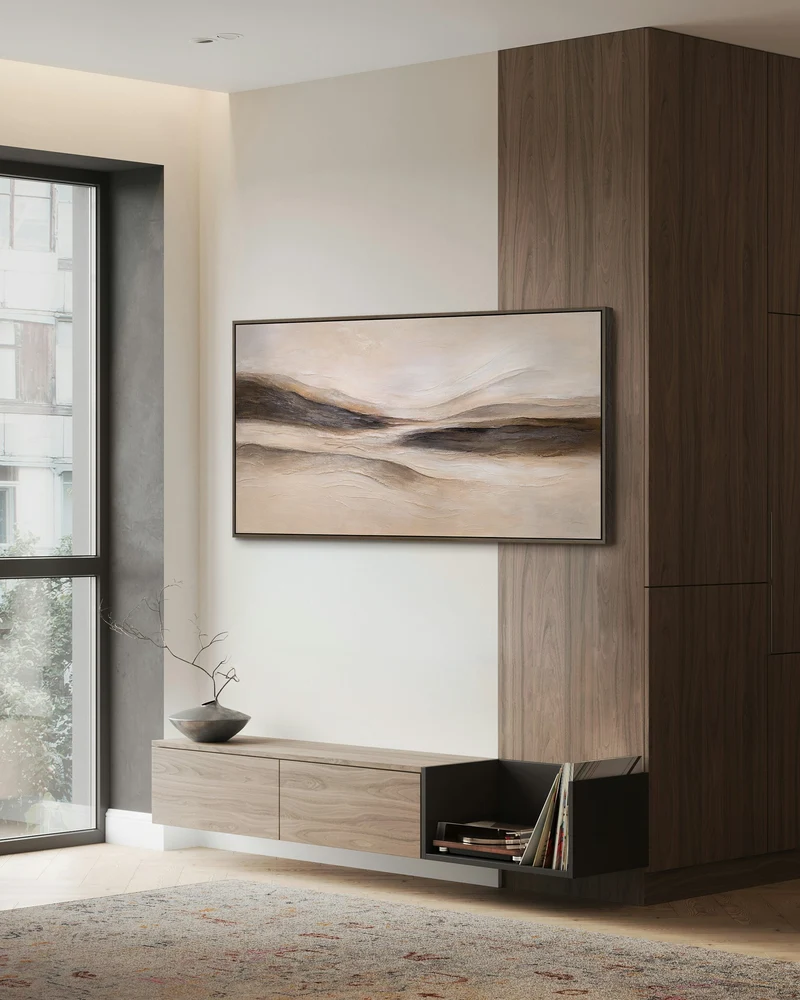 Gemälde auf Leinwand mit Rahmen „Spuren des Windes“ – Handgemalte Wandkunst in Naturtönen