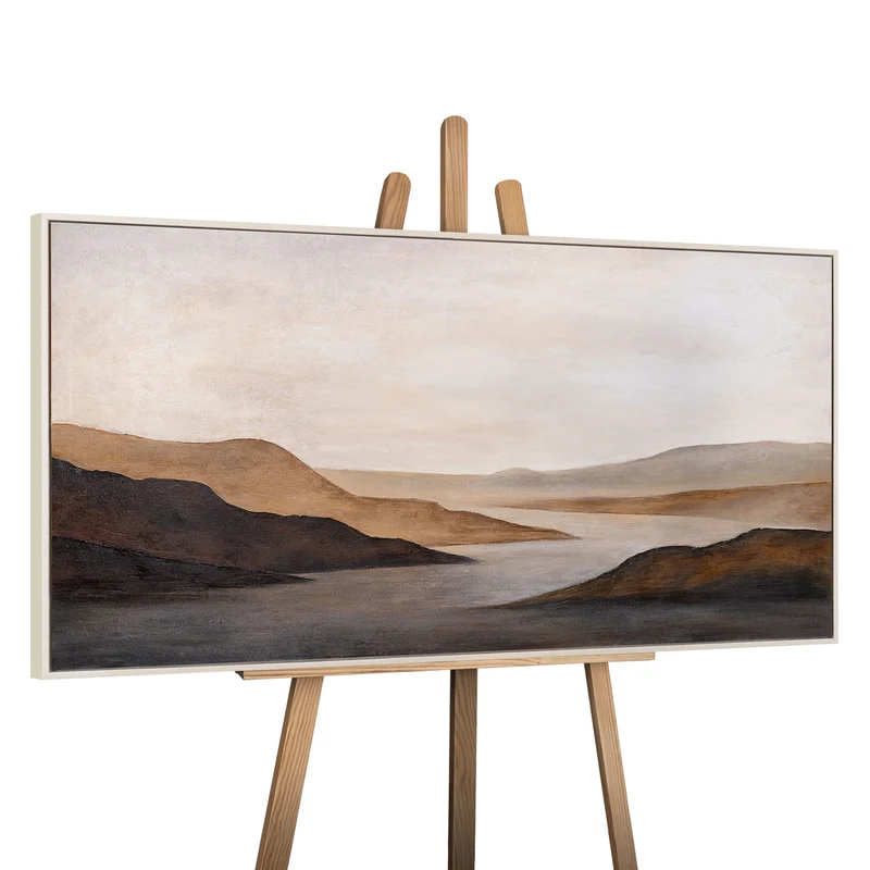 Leinwandbild modern mit Rahmen „Sanfter Sonnenaufgang“ – Abstrakte Kunst in Erdtönen