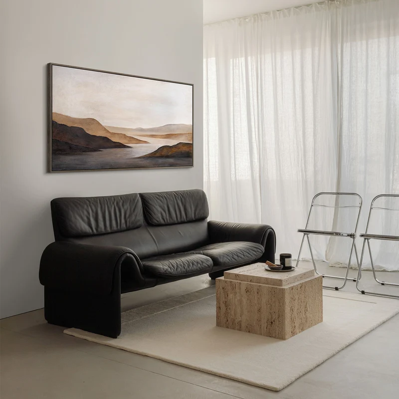 Leinwandbild modern mit Rahmen „Sanfter Sonnenaufgang“ – Abstrakte Kunst in Erdtönen