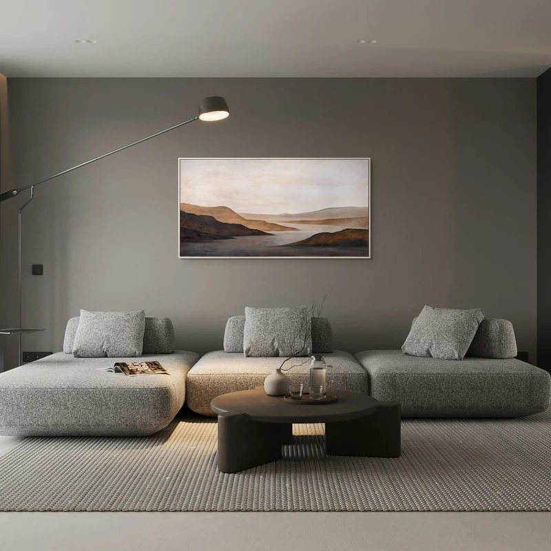 Leinwandbild modern mit Rahmen „Sanfter Sonnenaufgang“ – Abstrakte Kunst in Erdtönen