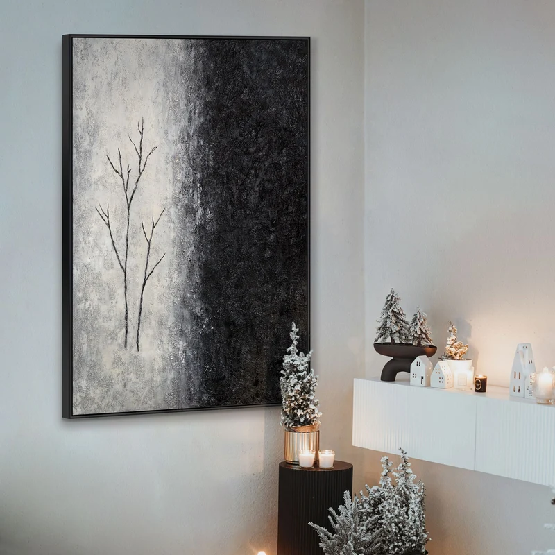 Handgemalte Acrylmalerei mit Rahmen „Atem des Winters“ – Abstrakte Kunst in Schwarz-Weiß