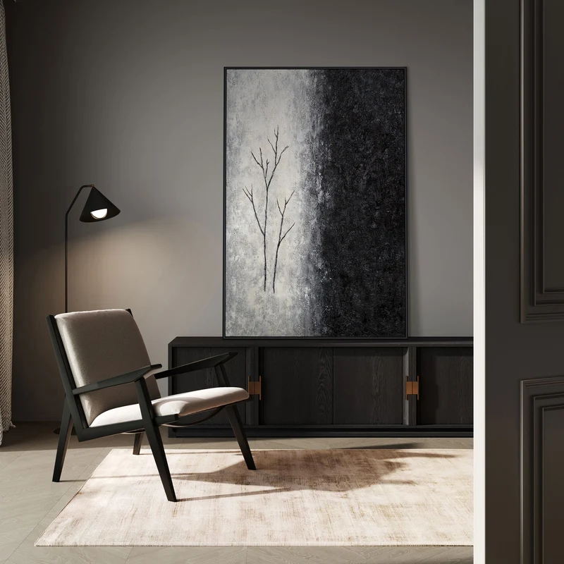Handgemalte Acrylmalerei mit Rahmen „Atem des Winters“ – Abstrakte Kunst in Schwarz-Weiß