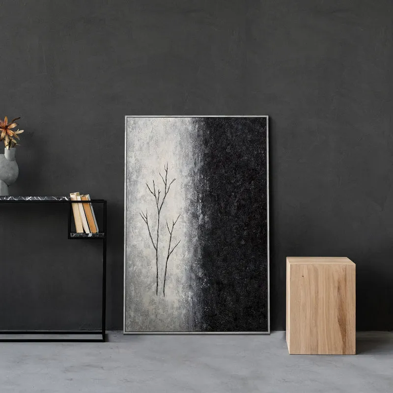 Handgemalte Acrylmalerei mit Rahmen „Atem des Winters“ – Abstrakte Kunst in Schwarz-Weiß