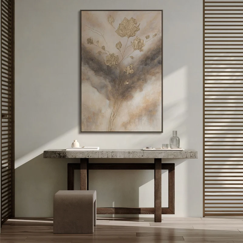 Leinwandbild mit Rahmen „Leuchten in den Wolken“ – Abstrakte Blumen in Goldtönen