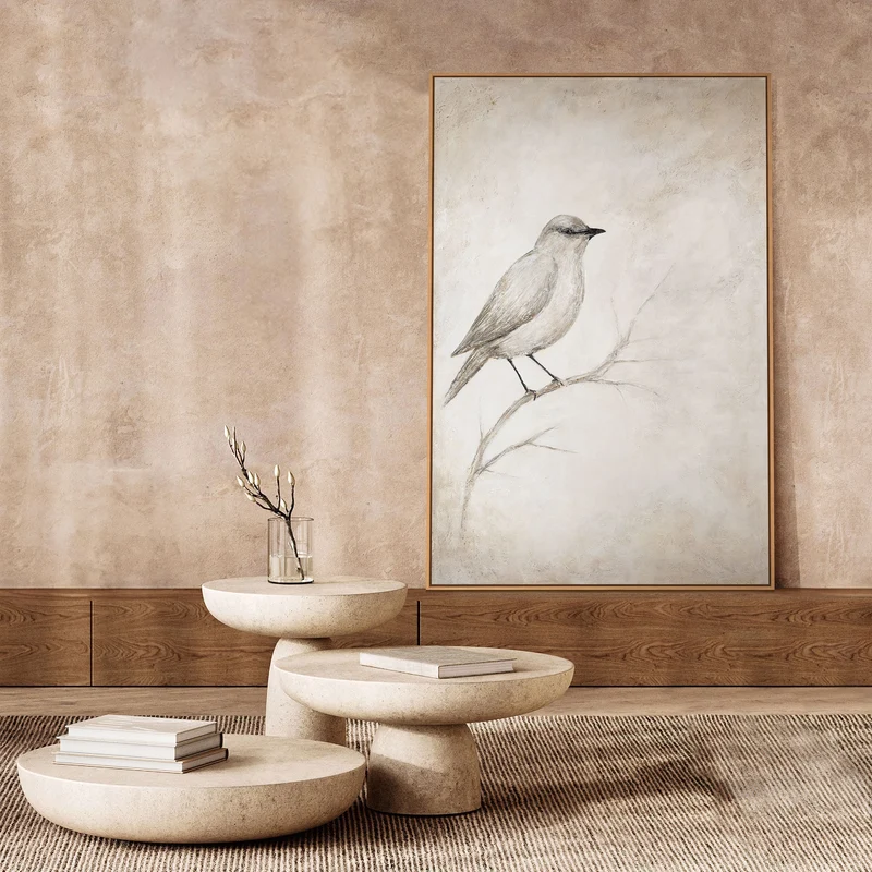 Gemälde mit Rahmen „Singende Pause“ – Acrylkunst mit Vogelmotiv