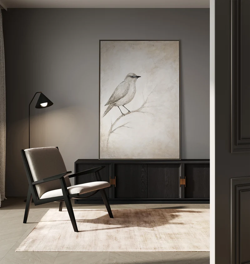 Gemälde mit Rahmen „Singende Pause“ – Acrylkunst mit Vogelmotiv