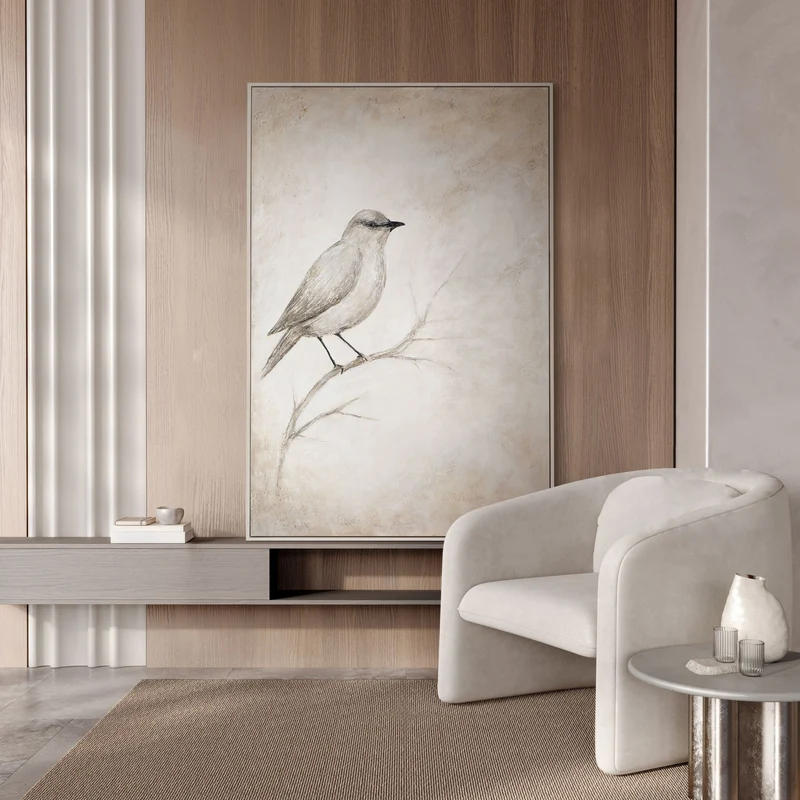 Gemälde mit Rahmen „Singende Pause“ – Acrylkunst mit Vogelmotiv