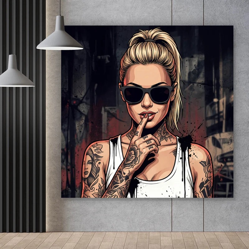 Aluminiumbild Stilvolle tätowierte Frau mit Sonnenbrille Quadrat