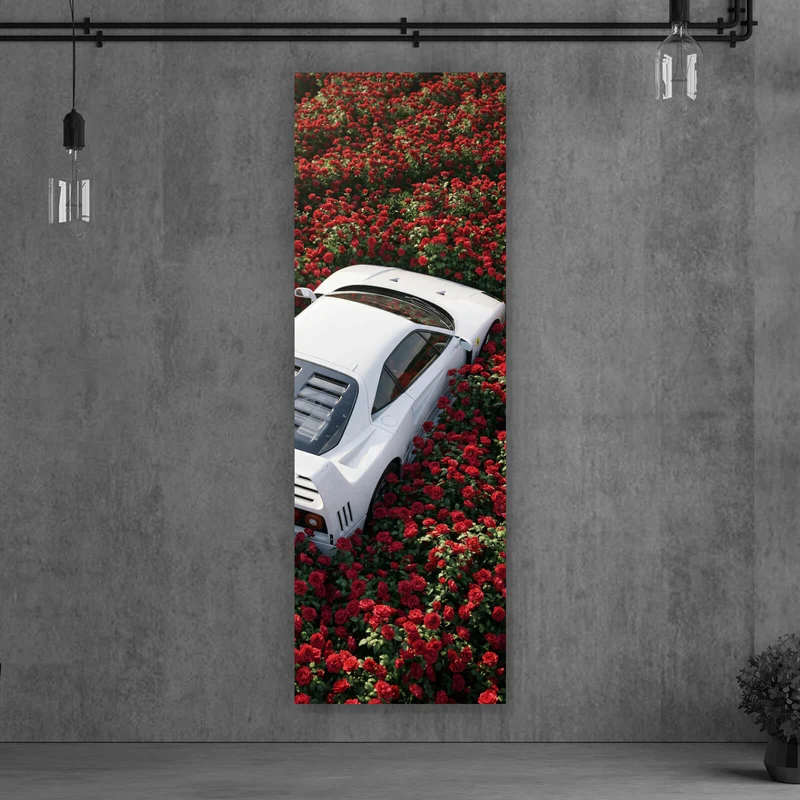 Acrylglasbild Sportwagen in Rosenmeer Panorama Hoch