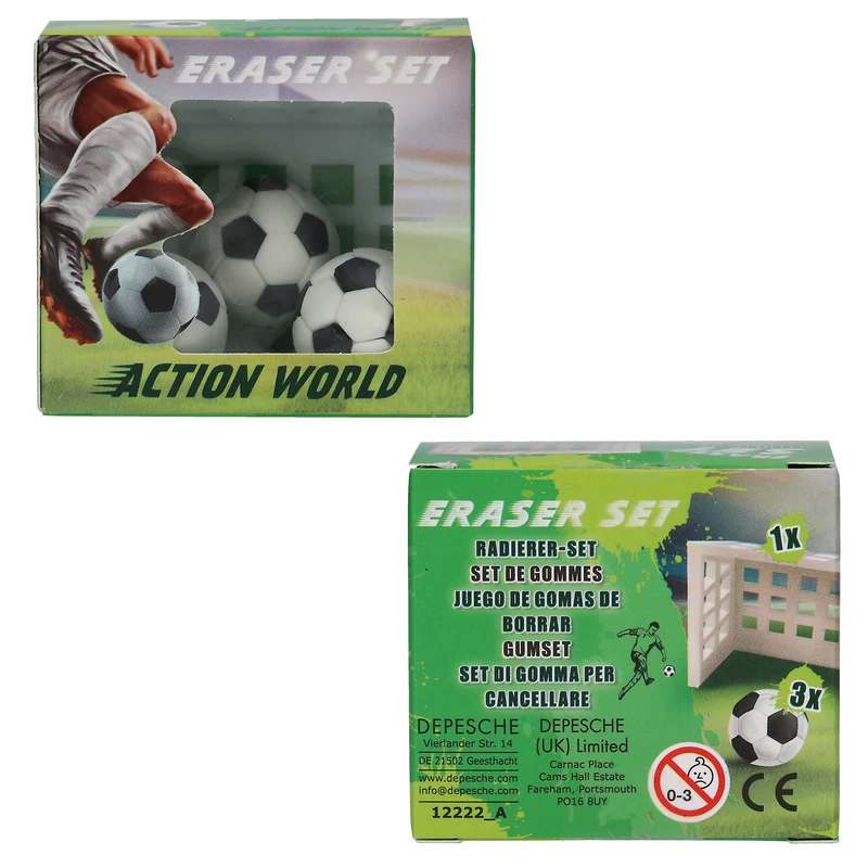 Action World Fußball Radiergummi-Set – Tor + 3 Bälle