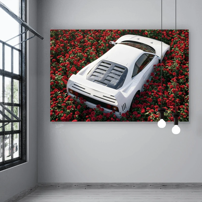 Acrylglasbild Sportwagen in Rosenmeer Querformat