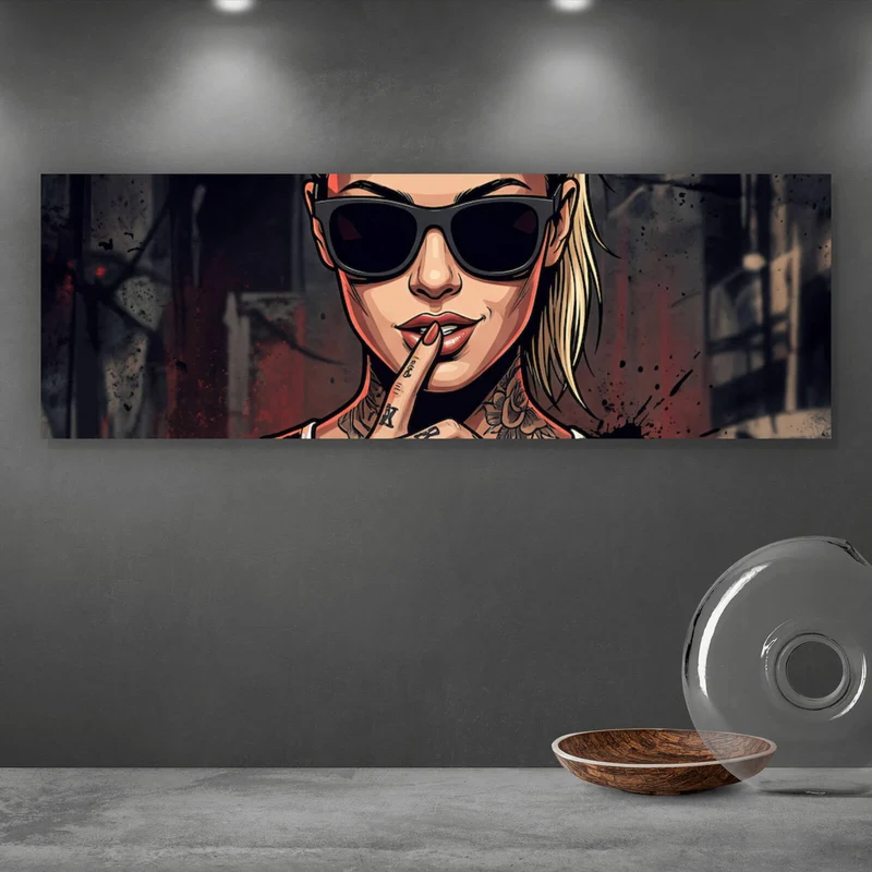 Aluminiumbild gebürstet Stilvolle tätowierte Frau mit Sonnenbrille Panorama