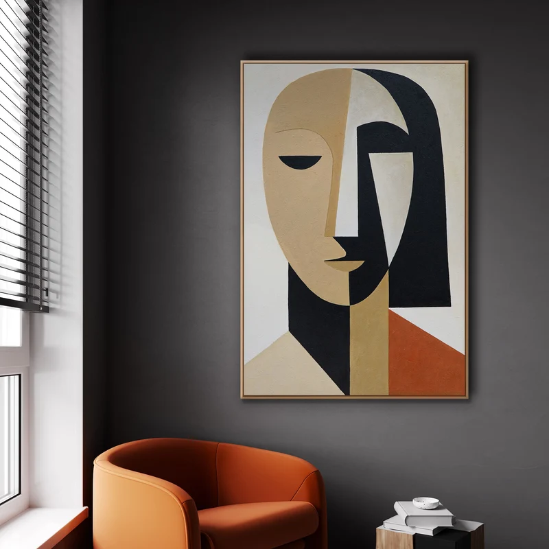 Handgemaltes Acrylbild mit Rahmen „Geometrie des Gesichts“ – Kubistische Wandkunst auf Leinwand