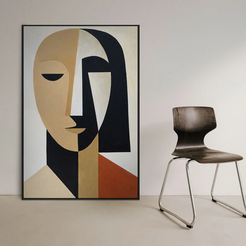 Handgemaltes Acrylbild mit Rahmen „Geometrie des Gesichts“ – Kubistische Wandkunst auf Leinwand