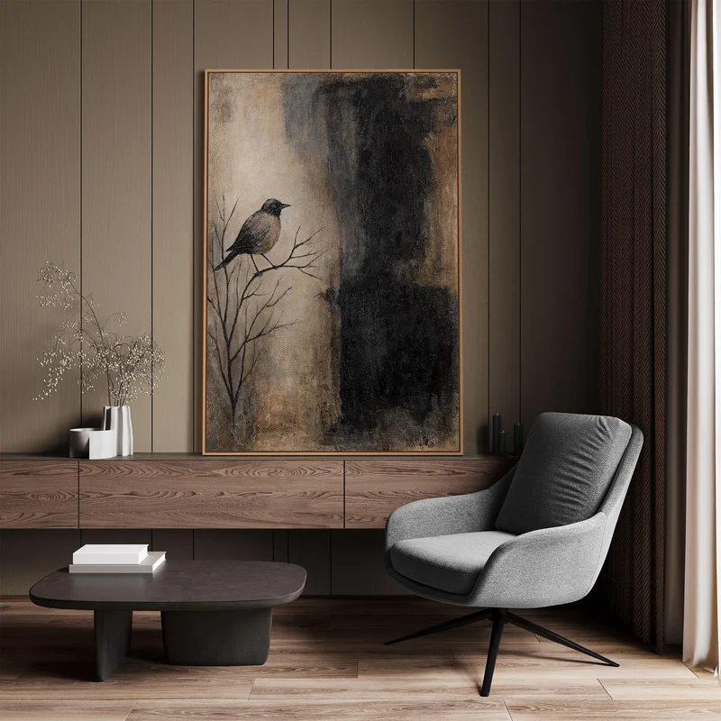 Handgemaltes Bild mit Rahmen „Ast und Schatten“ – Moderner Wanddeko in Beige und Schwarz